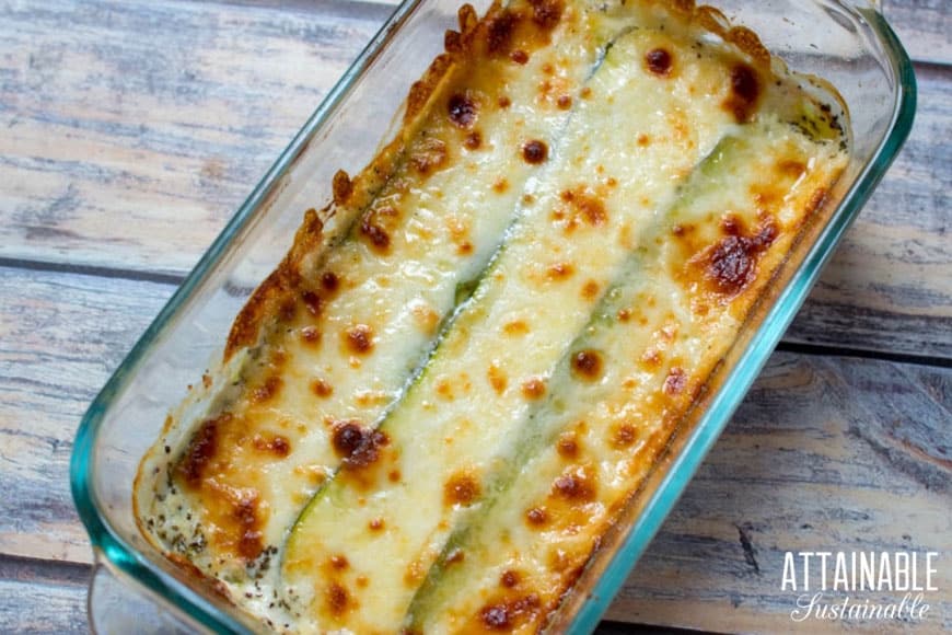 zucchini lasagna recipe in a glass dish from above