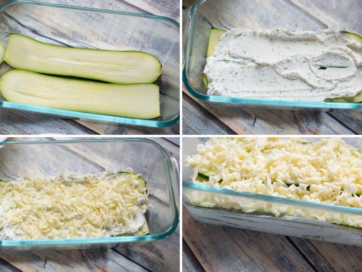 process of layering the lasagna in a loaf pan.