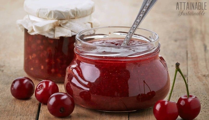 cherry jelly in glass jar with a metal spoon; fresh cherries around the jar