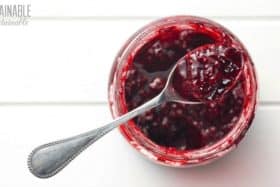 fruit preserves in a glass jar with a spoon full of the spread