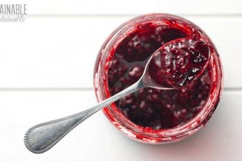 fruit preserves in a glass jar with a spoon full of the spread