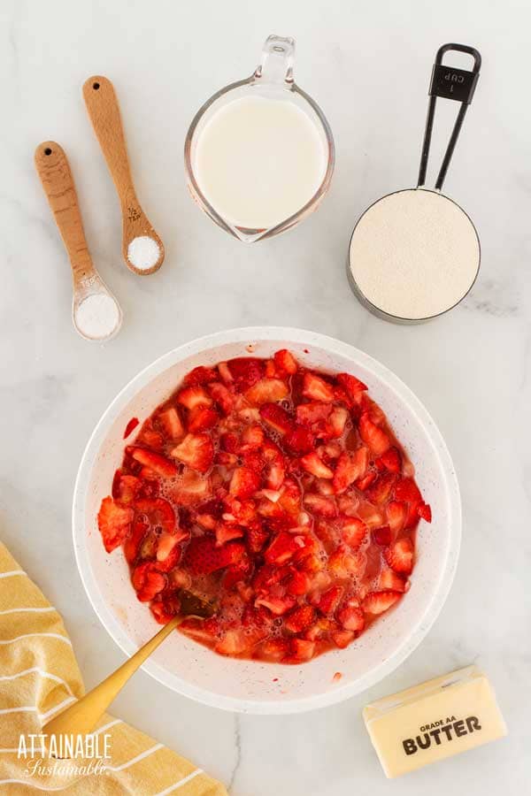 Ingredients from above, bowl of strawberries prominent