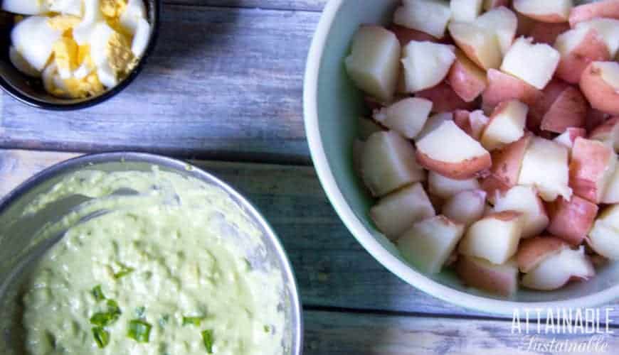 ingredients for red potato salad in bowls