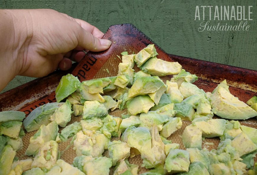 hand lifting frozen avocados on a silpat