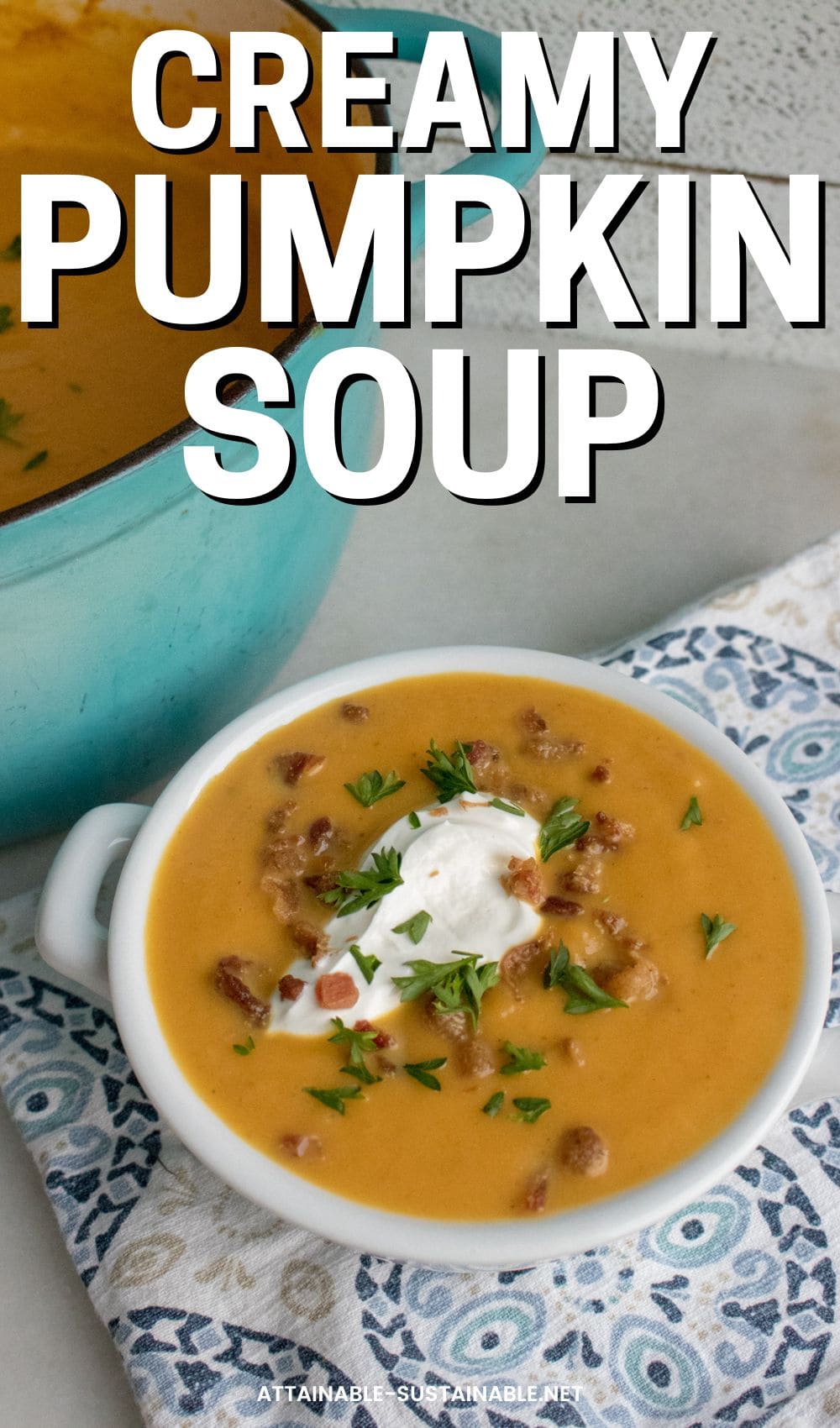 white bowl of orange pumpkin soup next to a teal colored stock pot.