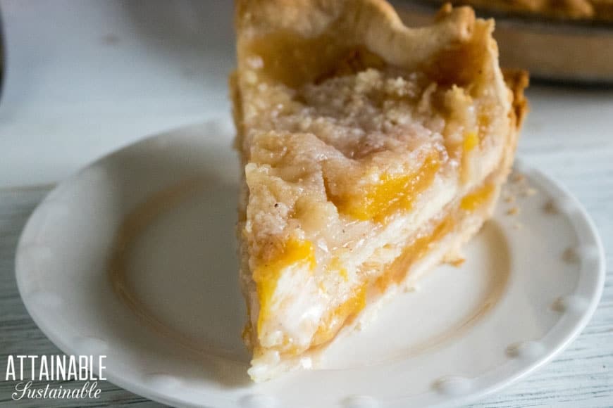 peach pie with crumb topping on a white plate