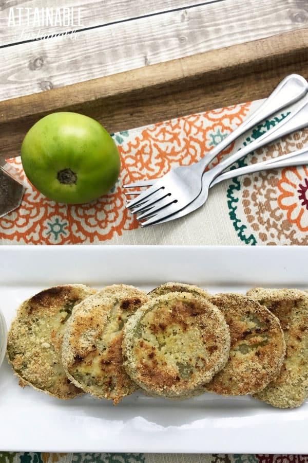 easy fried green tomato recipe finished and served on a white rectangular plate