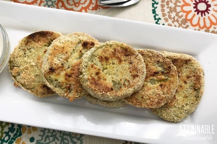 easy fried green tomatoes recipe finished and served on a white rectangular plate