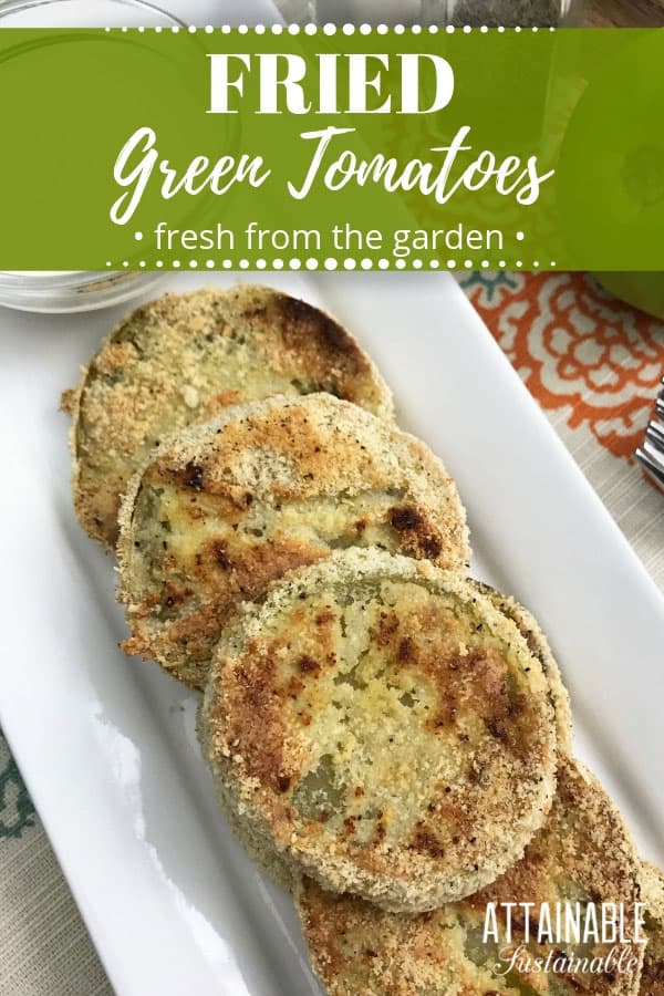 easy fried green tomatoes recipe finished and served on a white rectangular plate