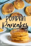 pumpkin pancakes on a griddle (top) and stacked on a white plate