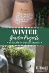 winter garden projects: Top, plant marker on clay pot, bottom, windowsill herb garden