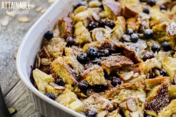 Blueberry French toast casserole in a white baking dish