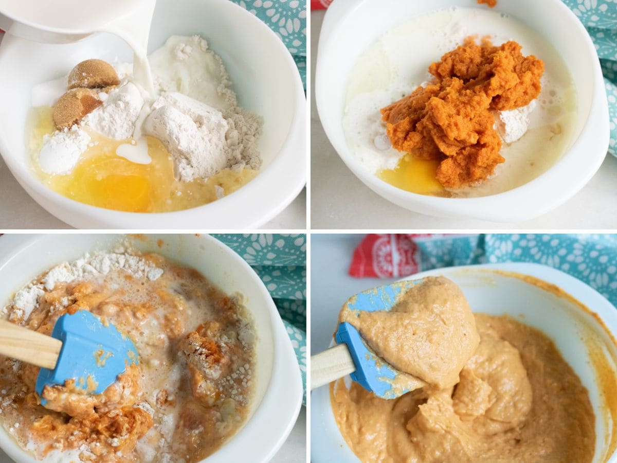 4 panel showing process of adding milk to ingredients, adding pulp, stirring, and the finished batter. 