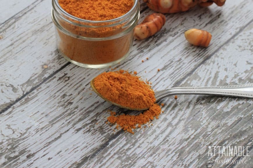 turmeric powder in a short glass jar with more on a spoon, white board background