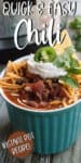 TEAL mug filled with chili, topped with cheese and sour cream