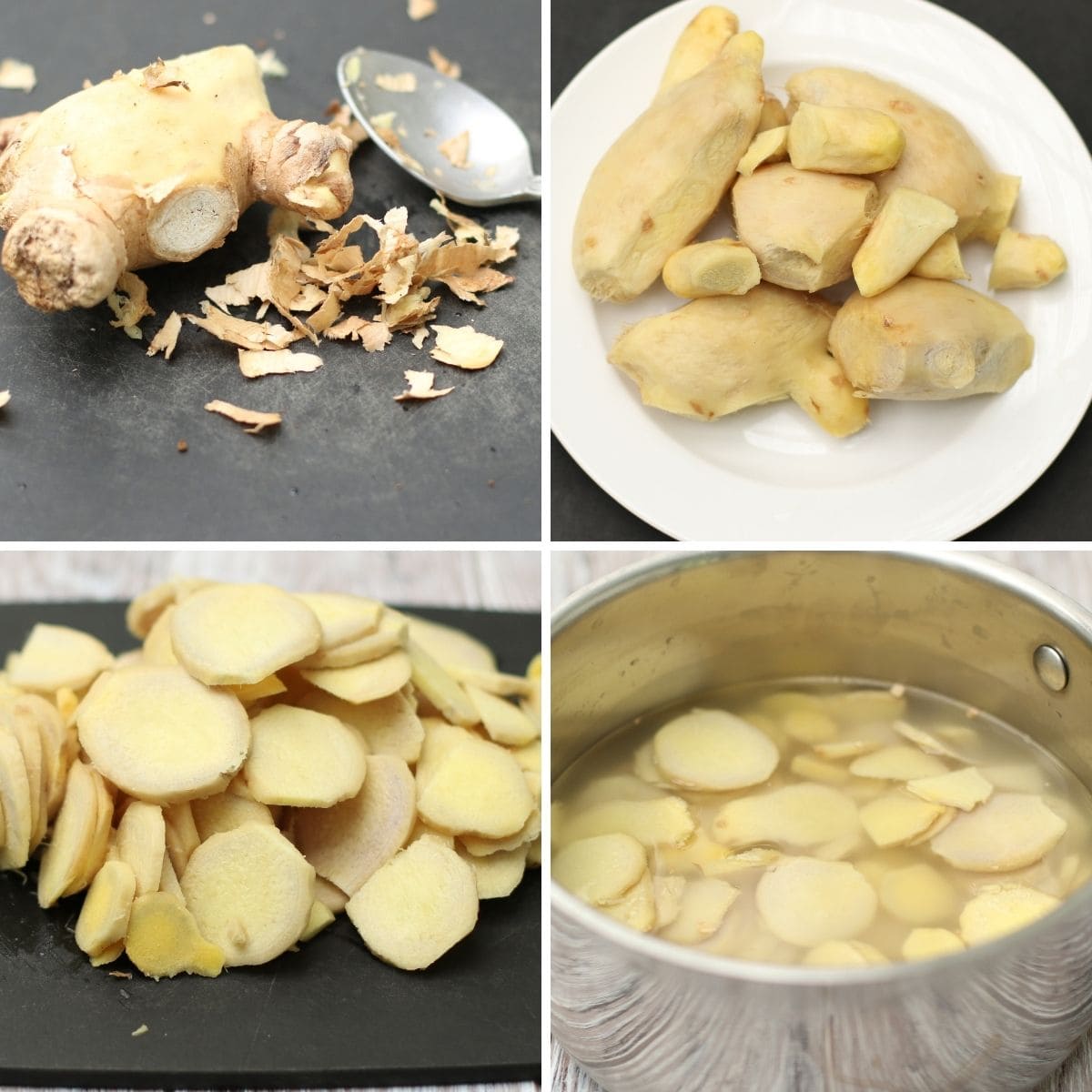 4-way process shots showing how to peel, slice, and cook fresh ginger.