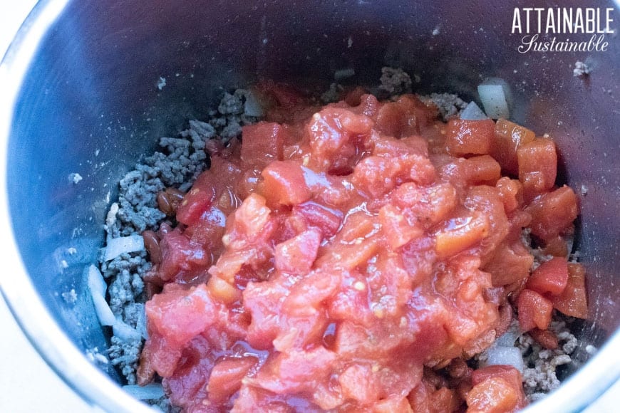 ingredients for instant pot chili, with diced tomatoes on top