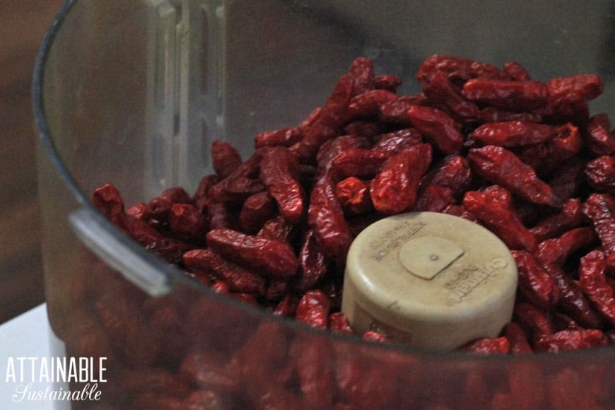 Dried Hawaiian chile peppers in a food processor.