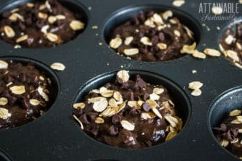 chocolate chip muffins in muffin tin, ready to bake