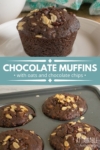 single chocolate muffin on a white plate, top, muffins in a tin, bottom.