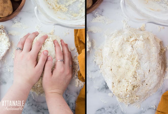 hands working bread dough + formed ball of dough