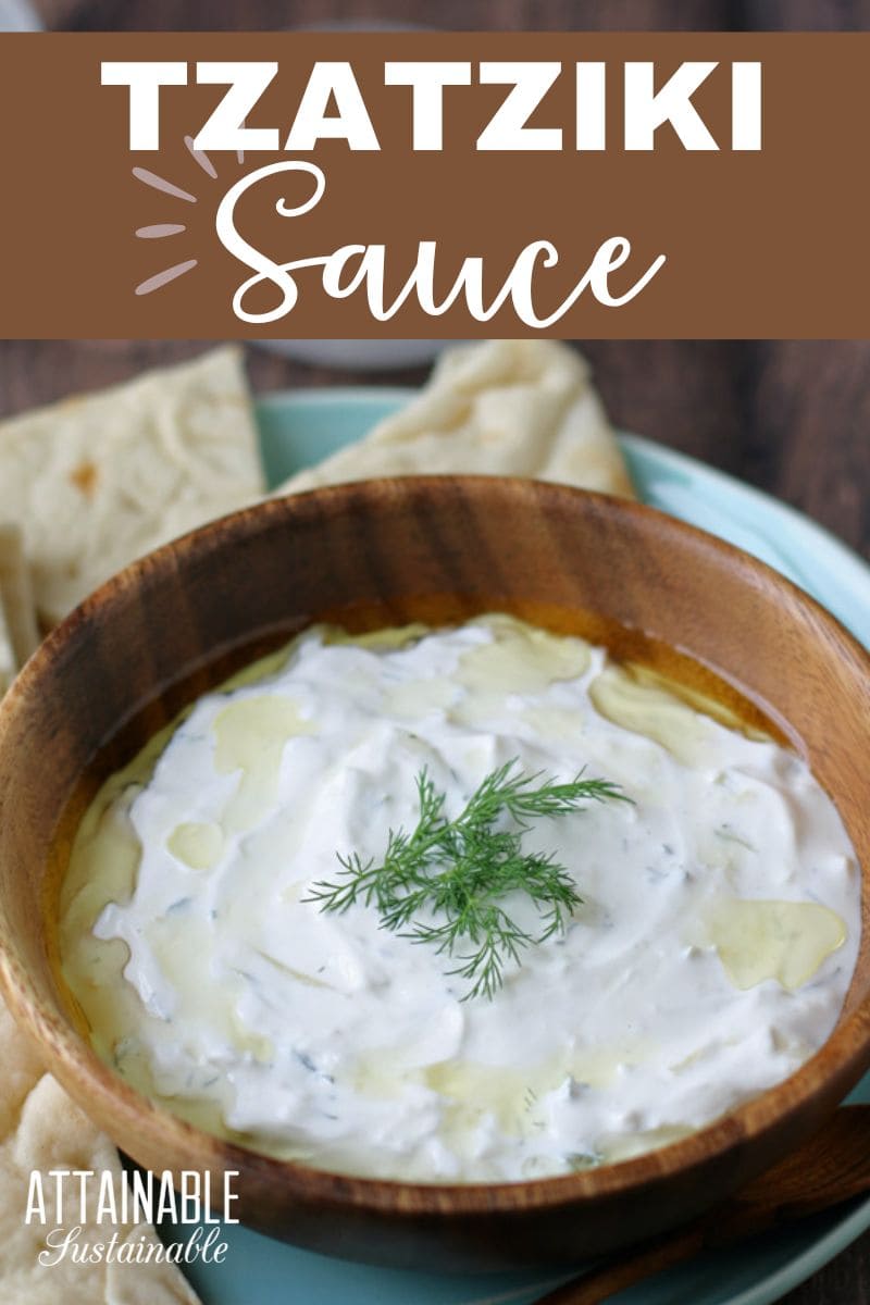 tzatziki in wooden bowl with pita chips.
