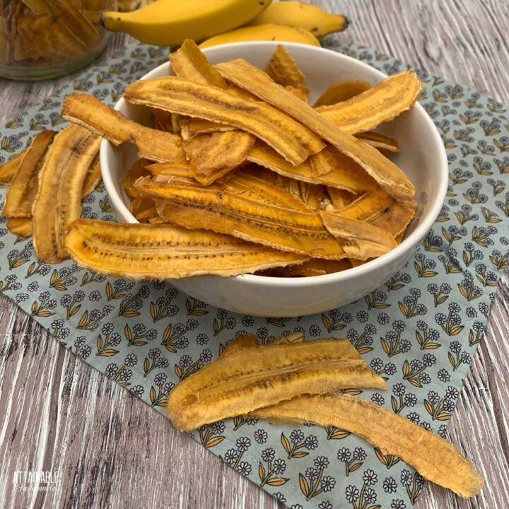 dried banana slices in a white bowl.