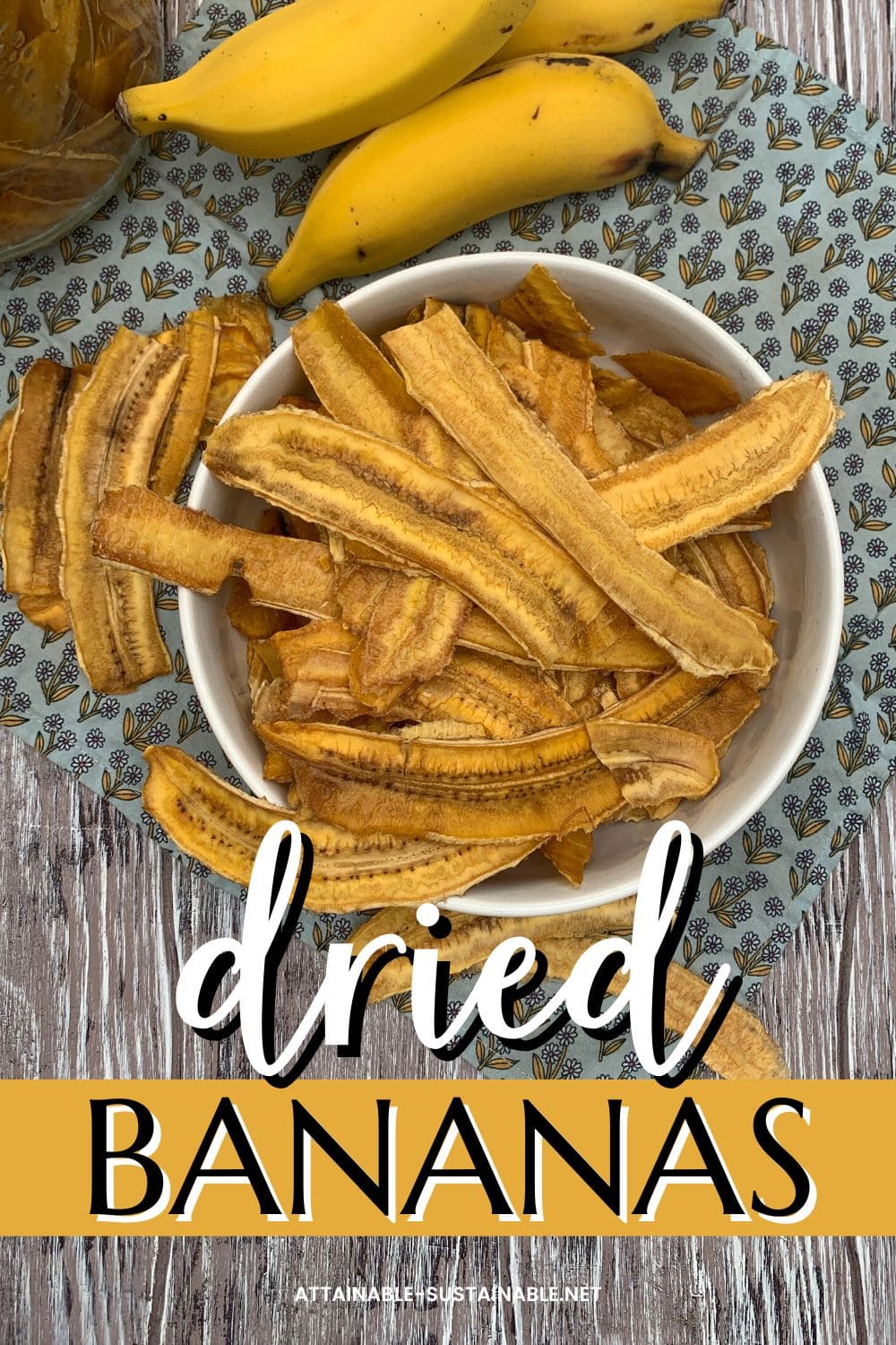 dried bananas in a white bowl from above.