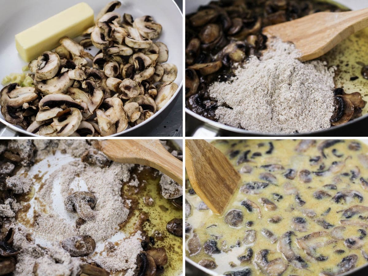 4 panel showing the process of sauteeing the mushrooms, adding the flour and adding the liquids.