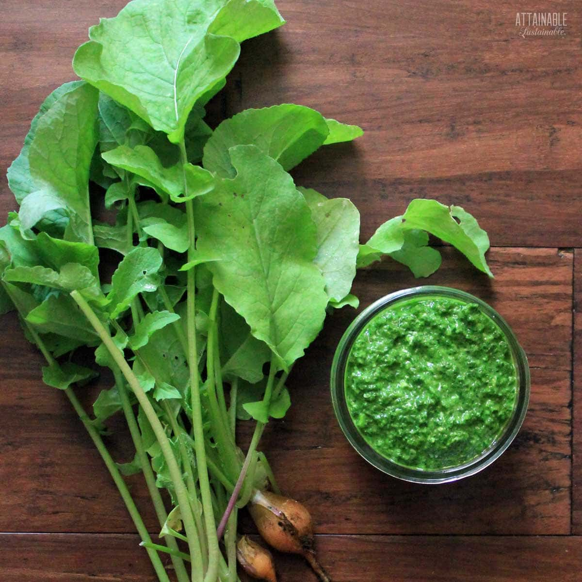 radish greens pesto in a glass jar from above.