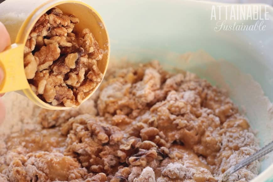 adding walnuts to sourdough banana bread dough