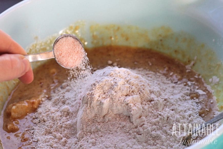 adding salt to sourdough banana bread batter