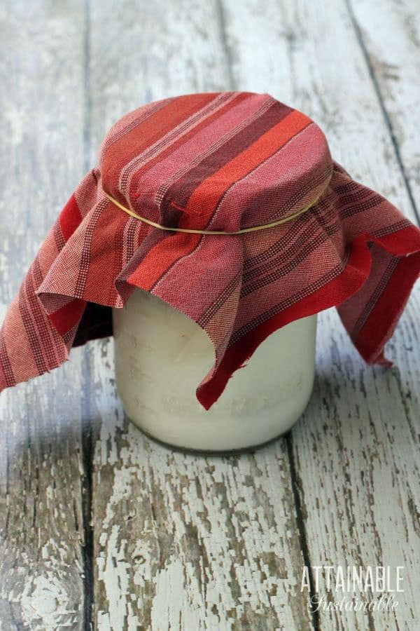 canning jar covered with a striped red cloth, held on with a rubberband