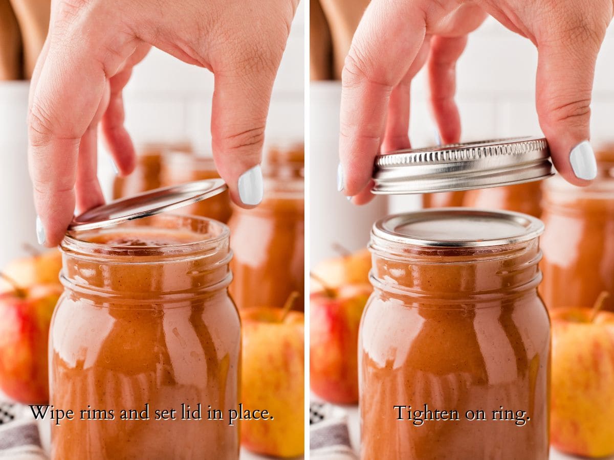 2 panel showing how to affix the canning lids and rings.