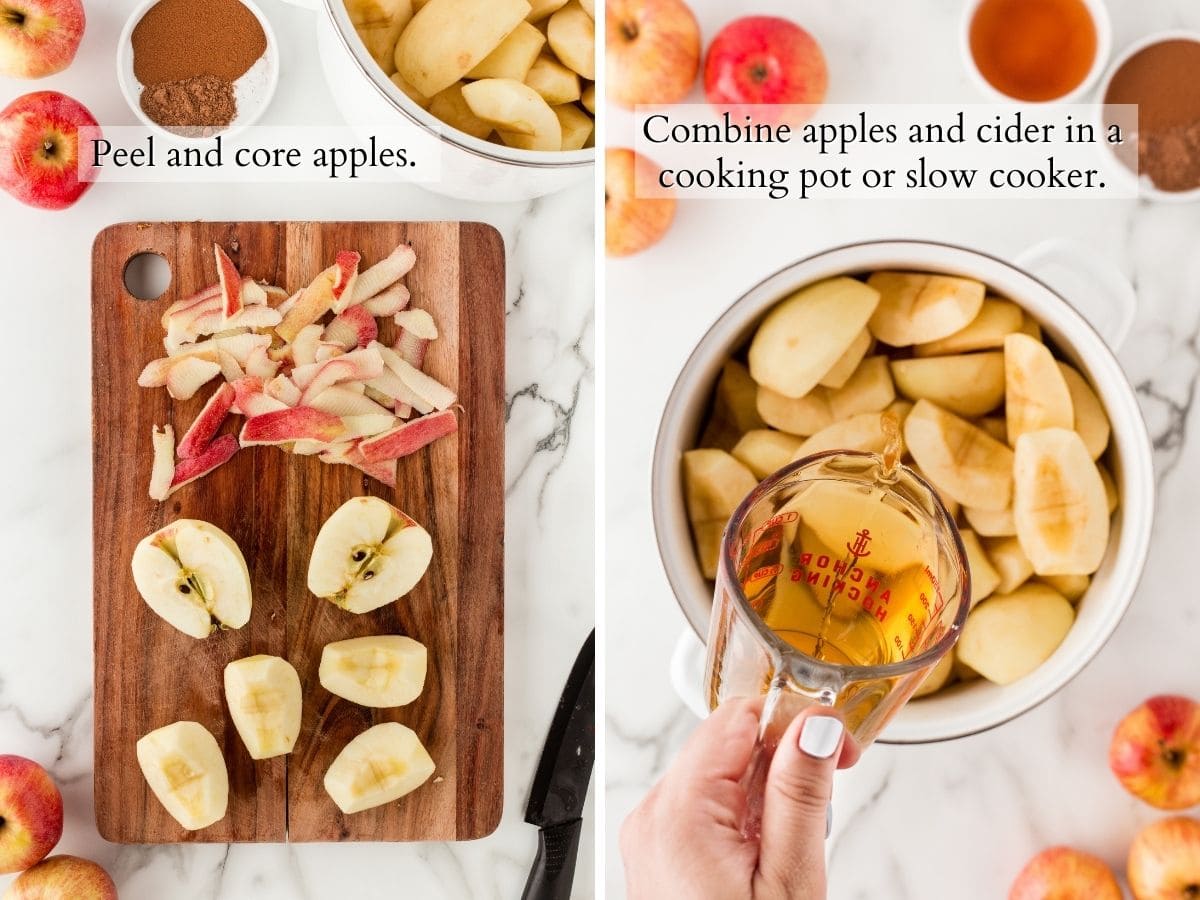 2 panel image with peeled and cored apples on a cutting board, left and apples in a pot with a hand pouring in apple cider, right.