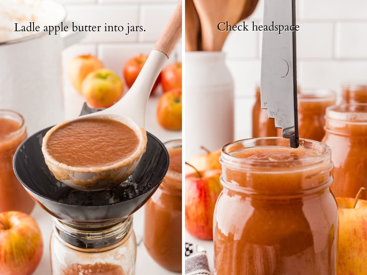2 panel showing ladling hot apple butter into a black funnel and checking headspace.