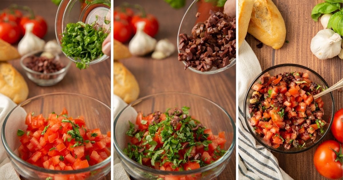 3-panel showing addition of basil, then olives, to tomato bruschetta