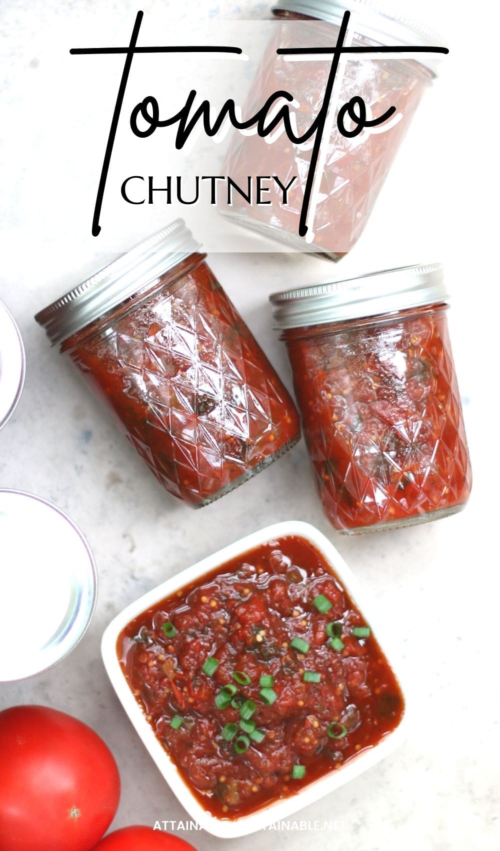 tomato chutney in jars and some in a square white dish