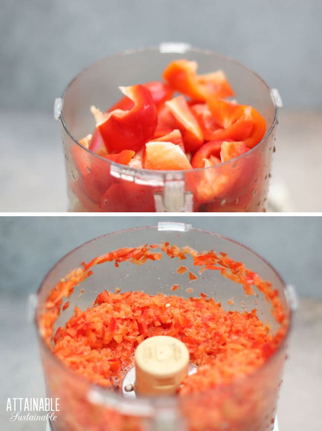 red peppers in a food processor, before and after processing