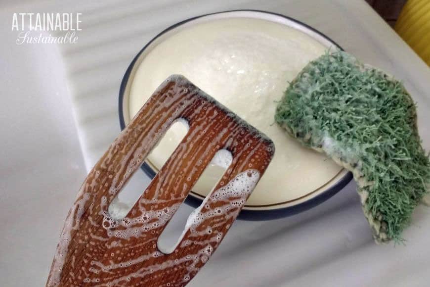 soap bubbles on a wooden utensil.