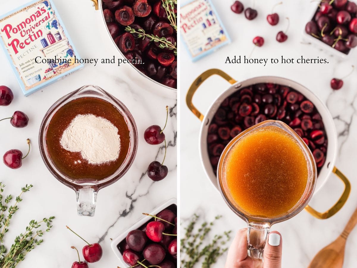 measuring cup of honey with pectin on top, second view of honey being poured into the cherries.