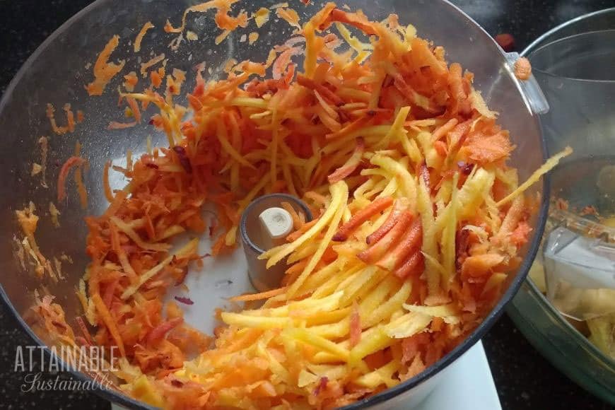 shredded carrots in a food processor.