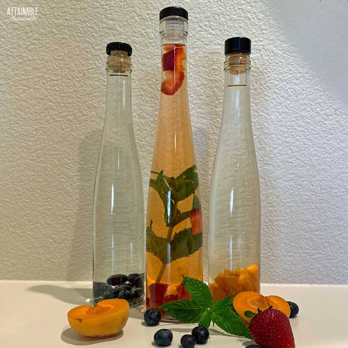 tall bottles of flavored vinegar.