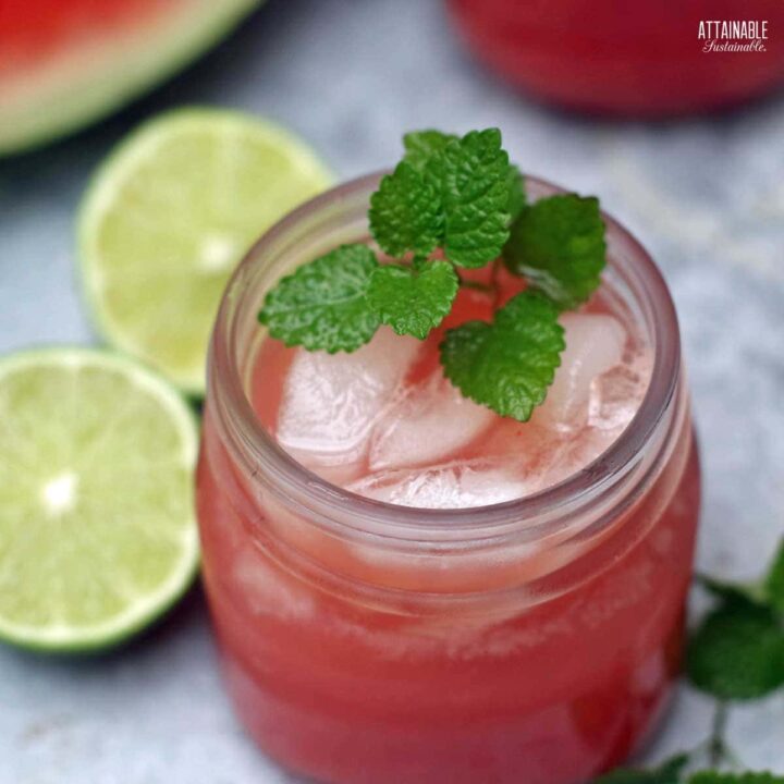 watermelon tea in a canning jar with ice.