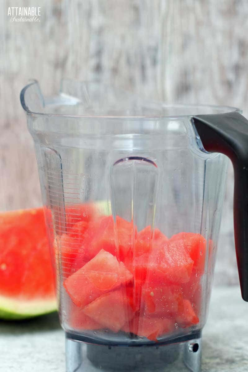 watermelon chunks in a blender carafe.