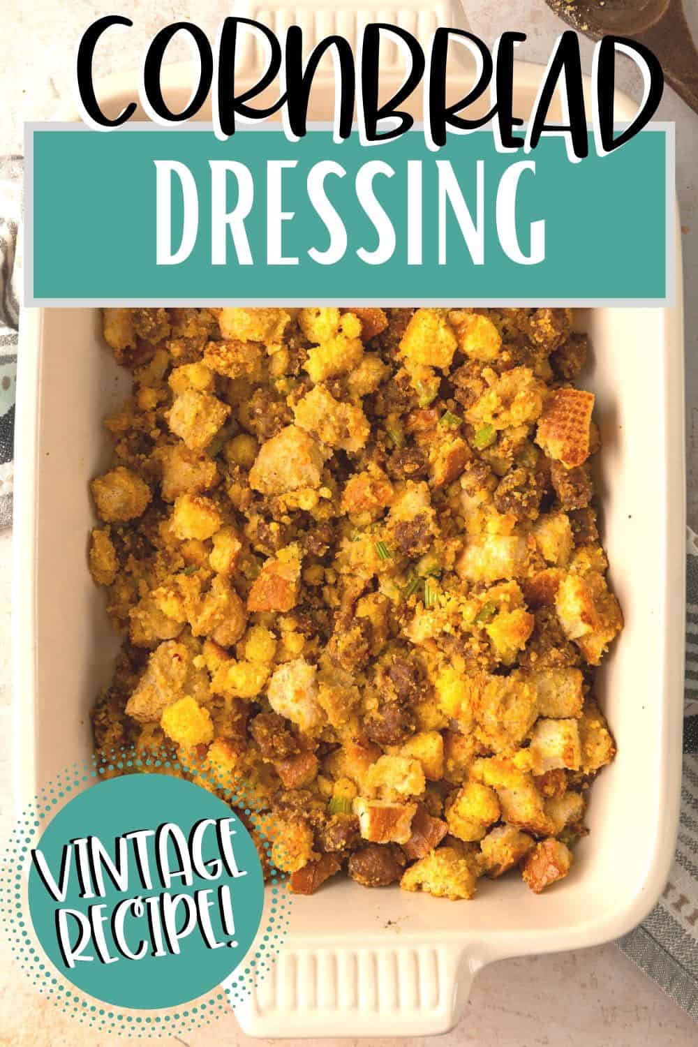 cooked cornbread stuffing in a white casserole dish