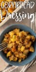 cooked cornbread stuffing in a blue bowl