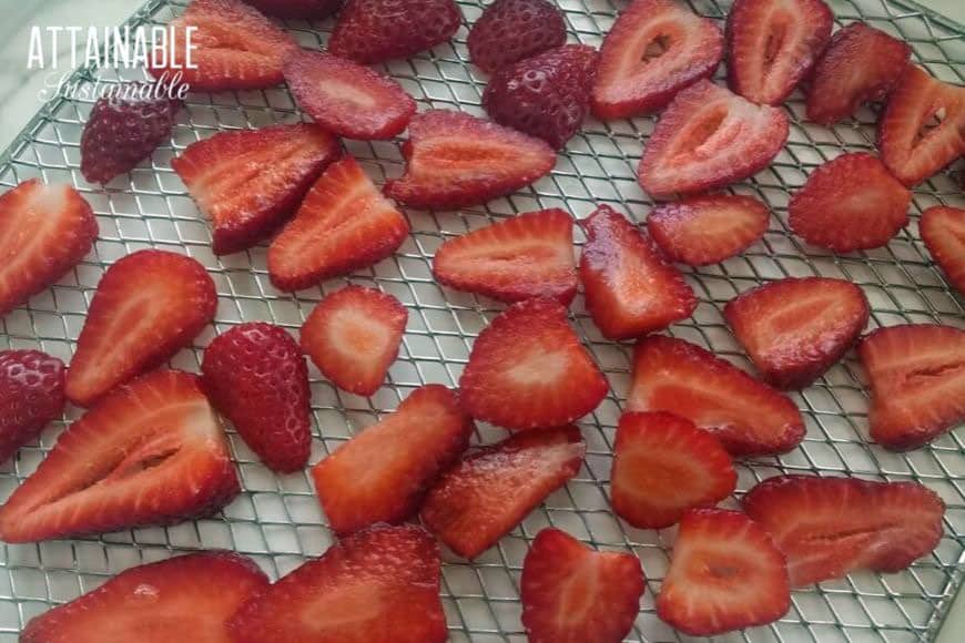 sliced strawberries on a tray