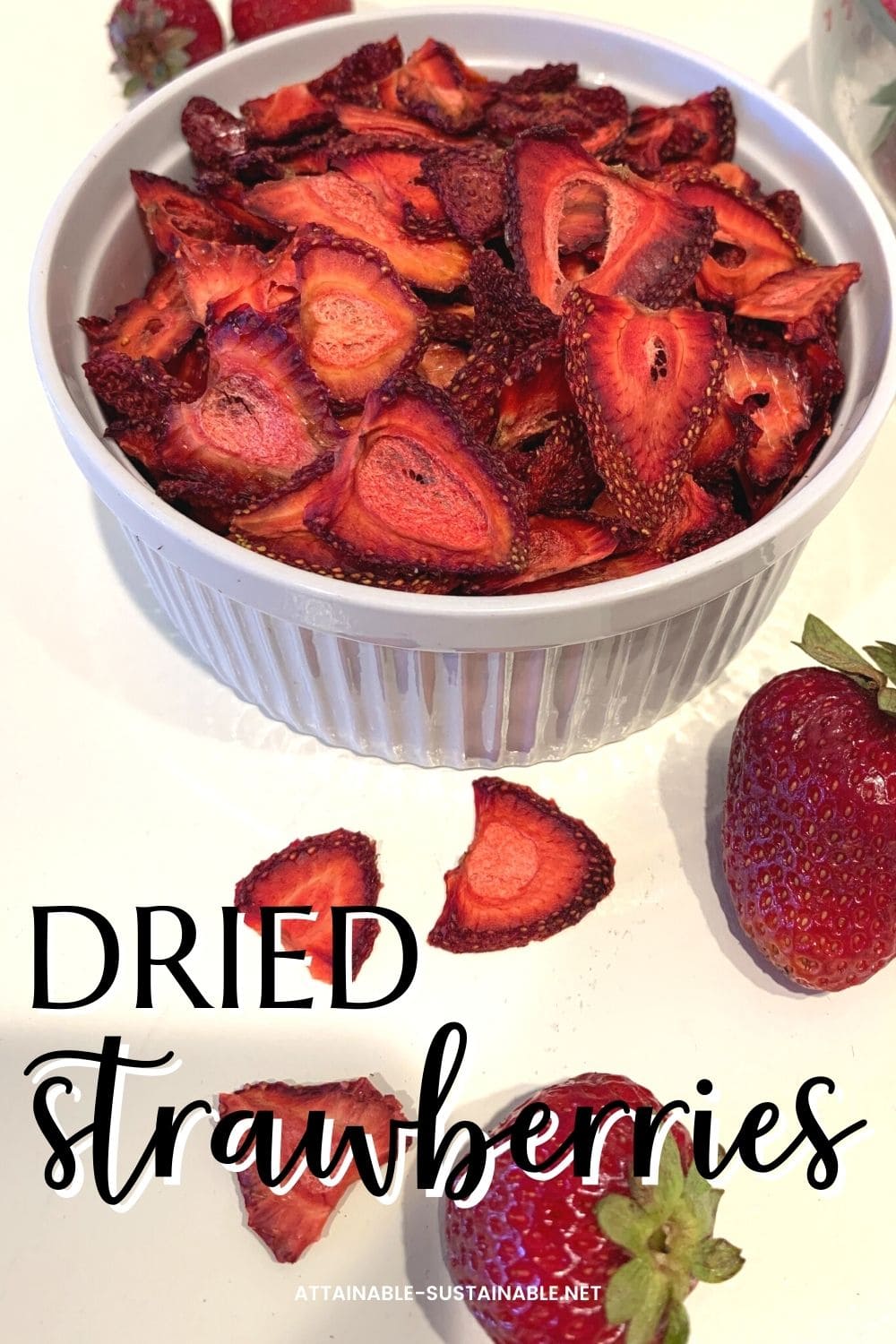 white dish with dried strawberries.
