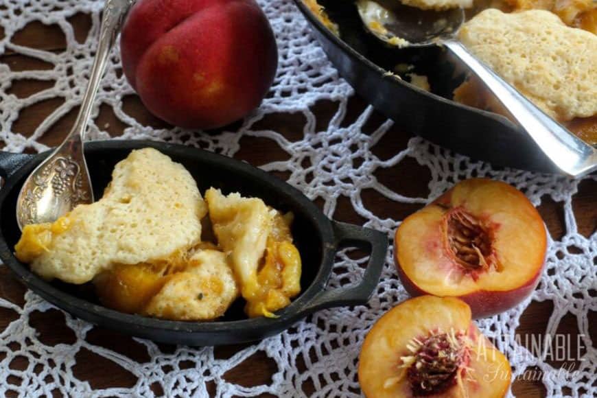 fresh peach cobbler in a cast iron dish